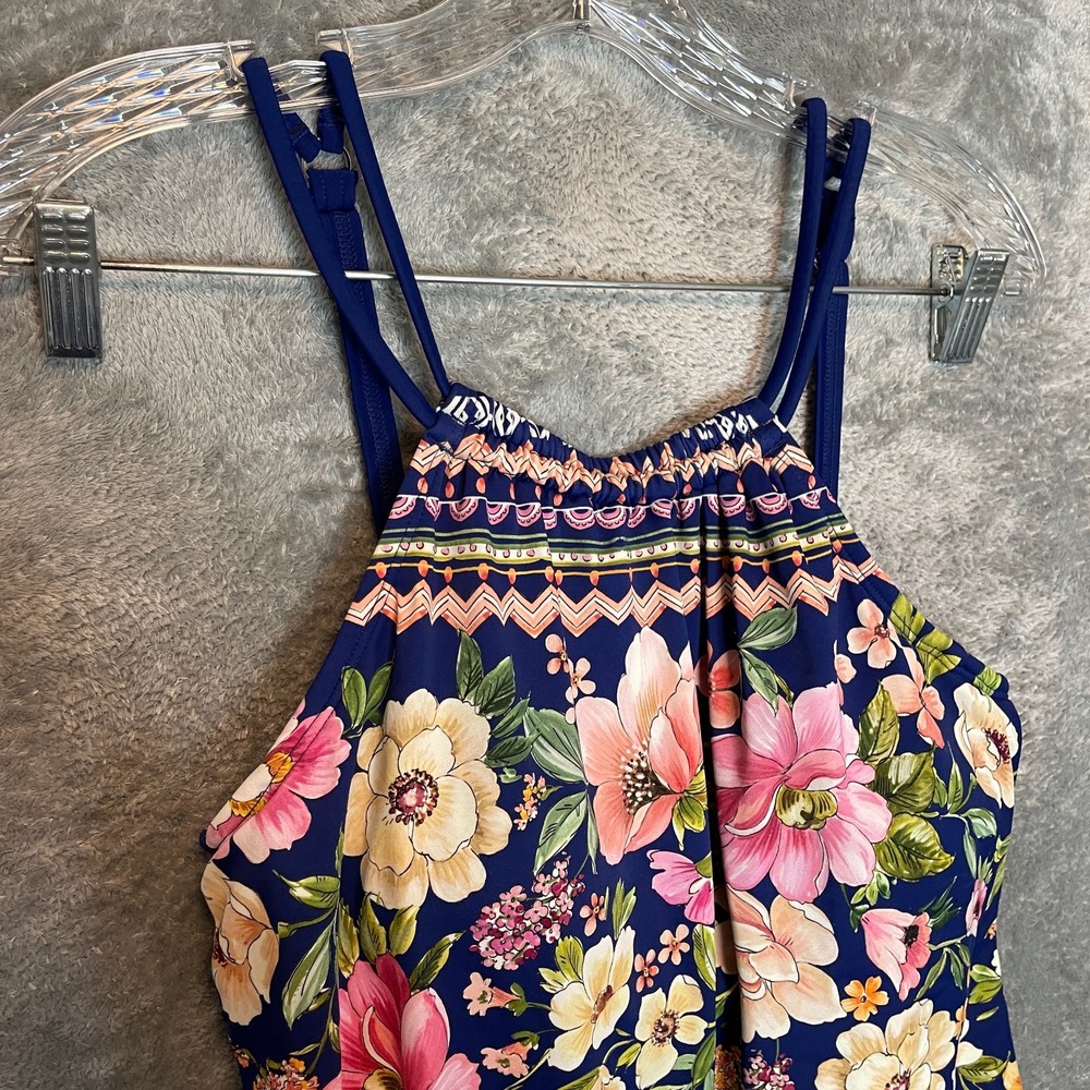 Maxine Women Floral High Neck Tankini Swim Top 10 Tropical Botanical Modest Blue